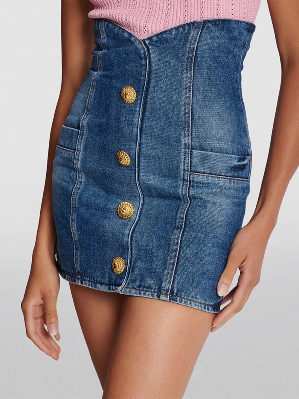High-Waist Denim Mini Skirt with Gold Buttons - Blue